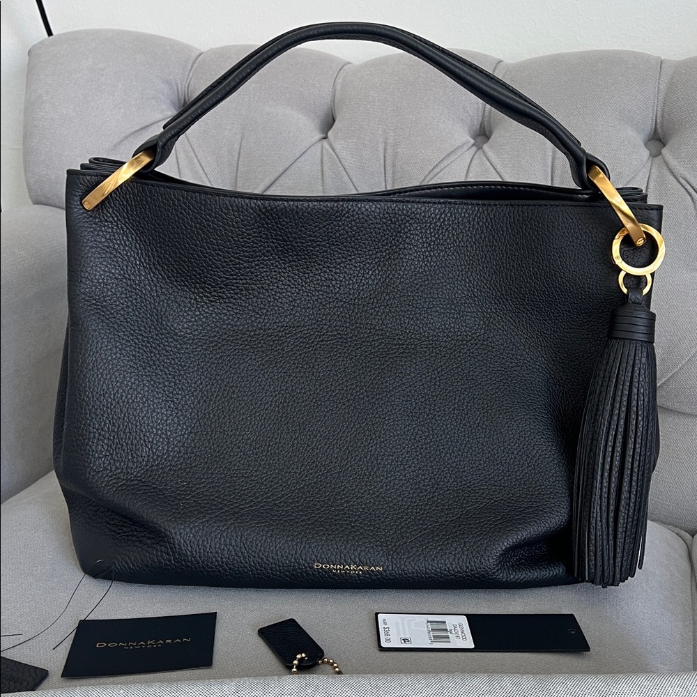Donna Karan New York Glenwood Leather Shoulder Black handbag with Tassel Detail - Picture 7 of 16